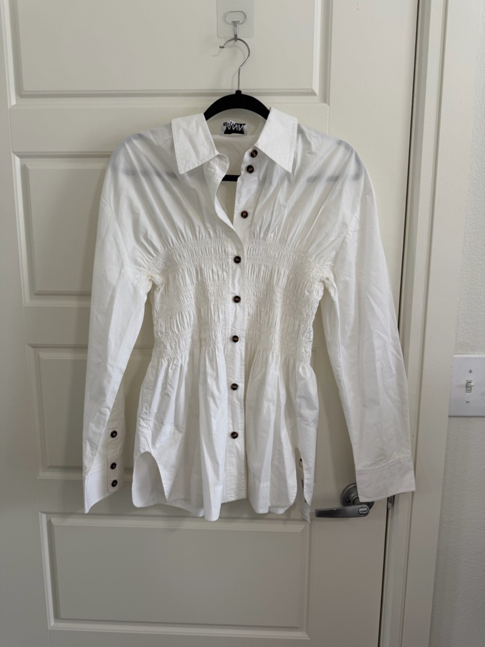 Ganni White Button-Front Smocked Waist Shirt